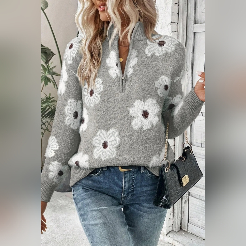 Fuzzy Half-Zip Pullover Daisy Retro Flower Top Eyelash Knit Henley Neck Sweater